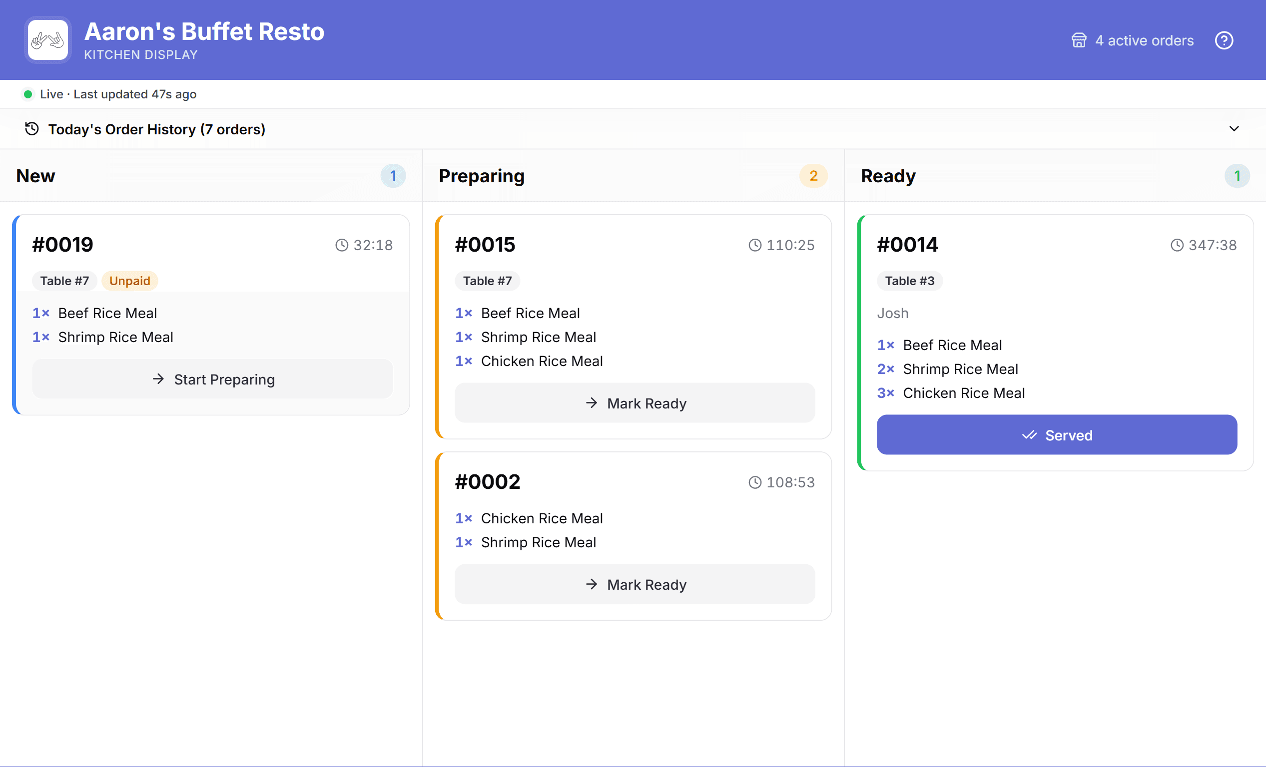 Ultra POS kitchen display — New, Preparing, Ready, Served kanban board