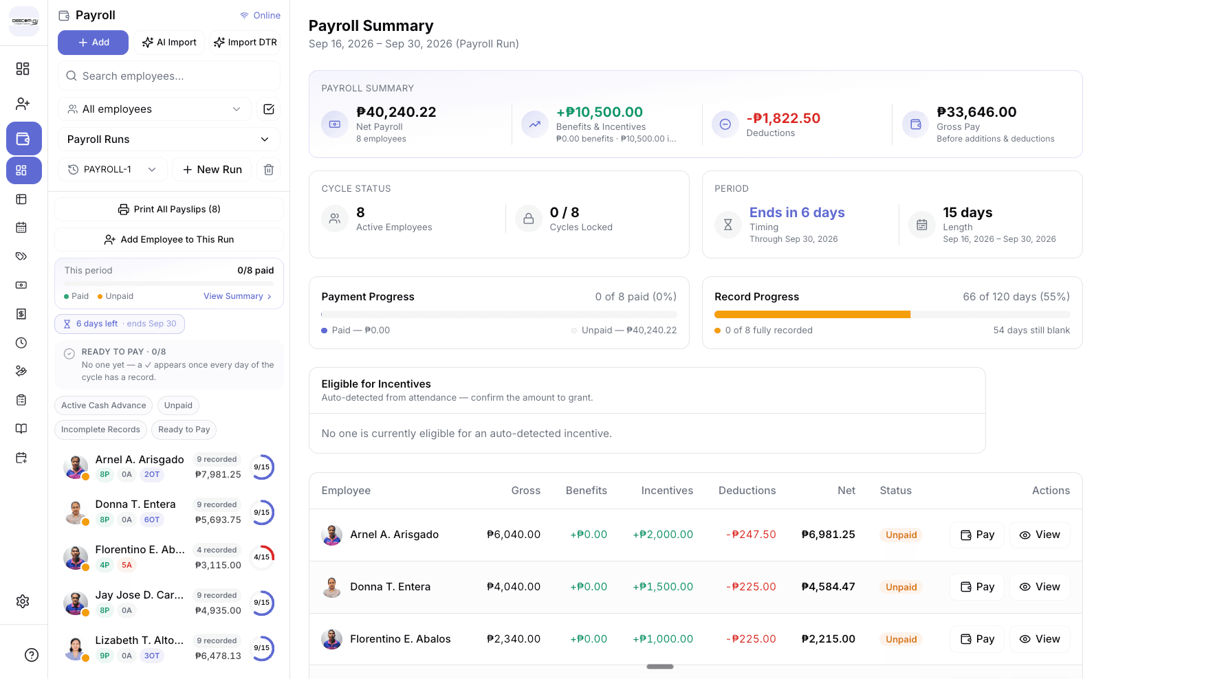 Payroll Summary screen showing net payroll, benefits and incentives, deductions, gross pay, payment and record progress, and a table of employees with Pay and View actions