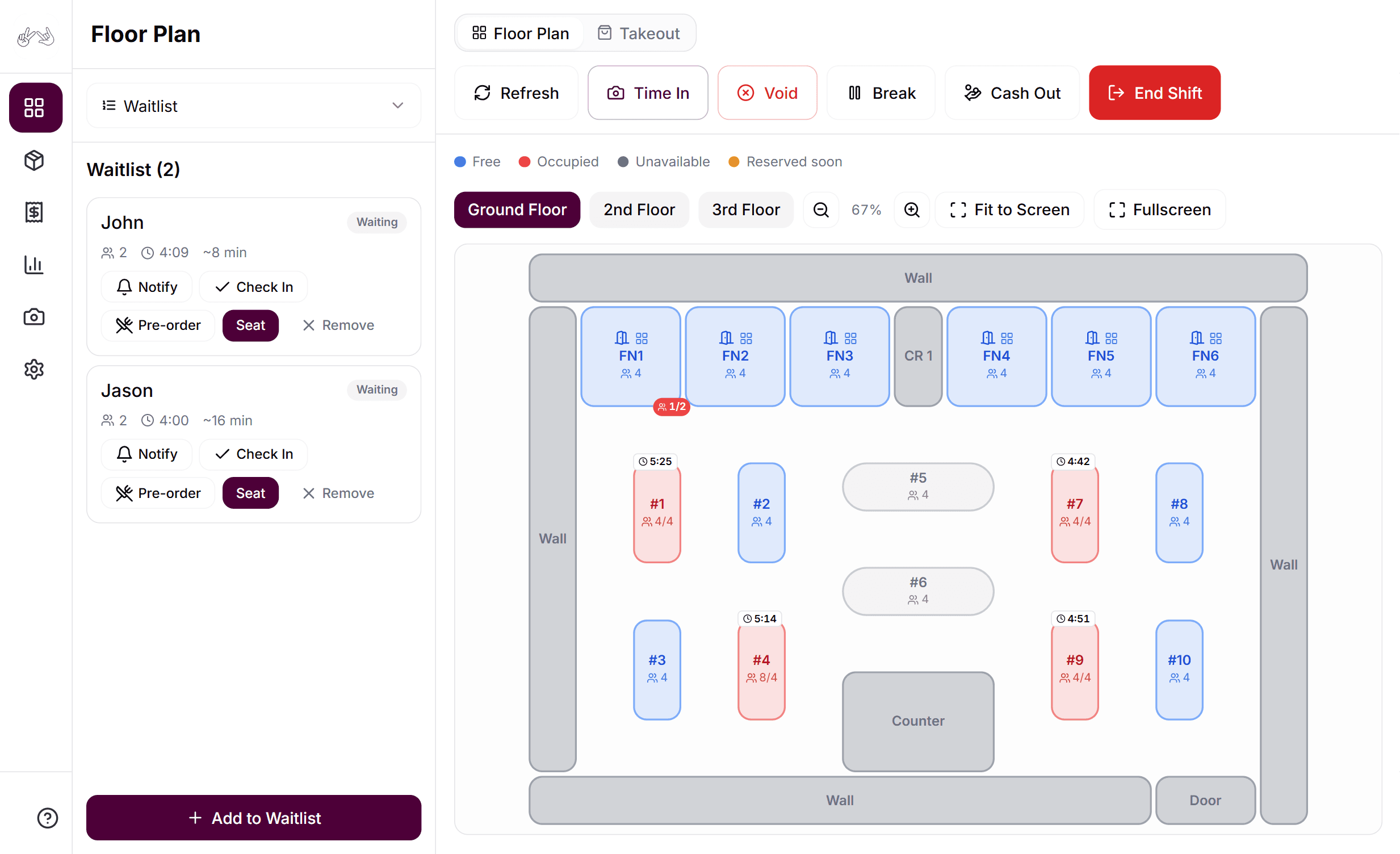 Ultra POS restaurant floor plan — live table status, waitlist, and function rooms