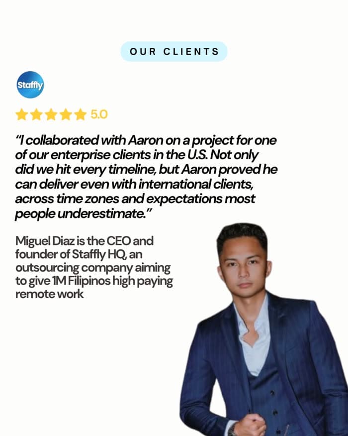 Miguel Diaz, CEO of Staffly HQ: "I collaborated with Aaron on a project for one of our enterprise clients in the U.S. Not only did we hit every timeline, but Aaron proved he can deliver even with international clients."