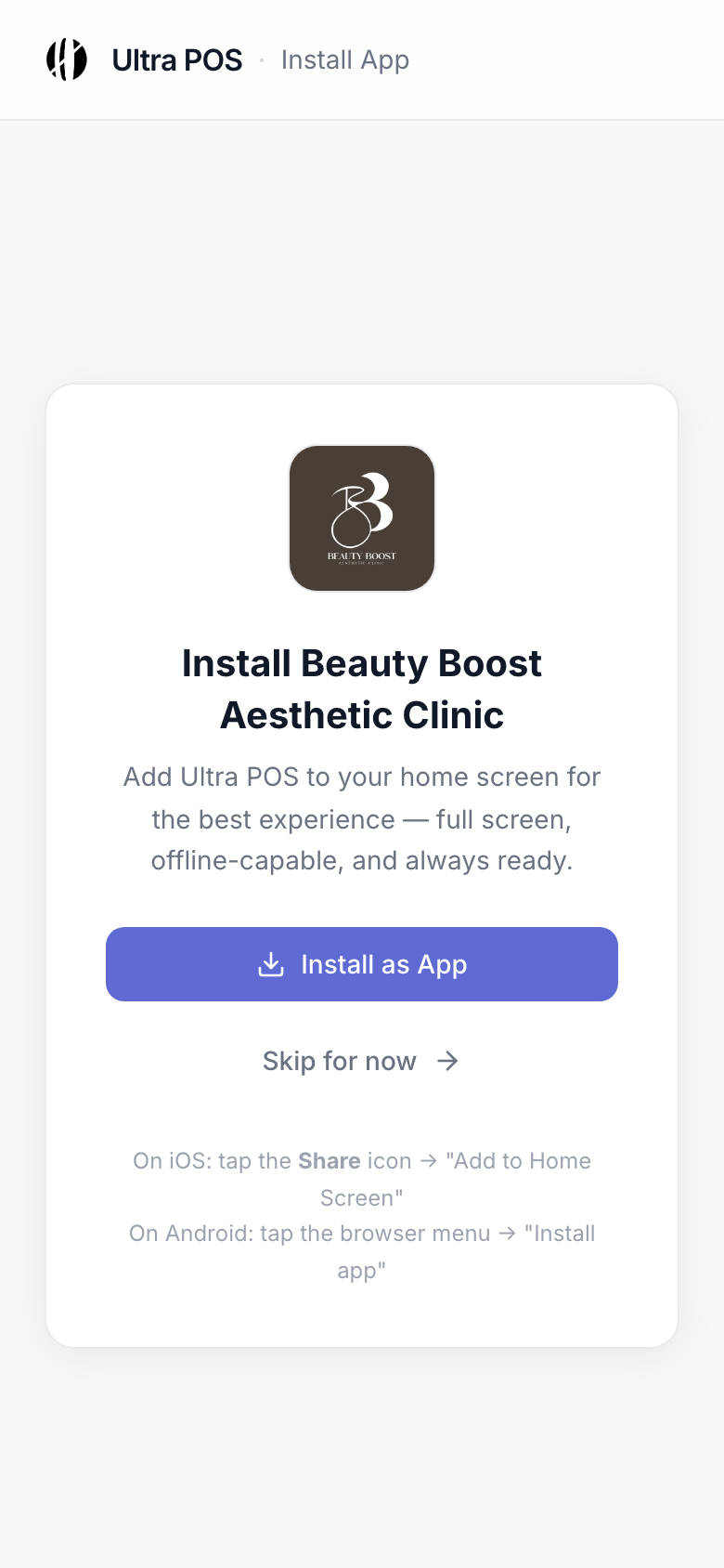 UltraPOS install screen with "Install as App" button and iOS/Android instructions
