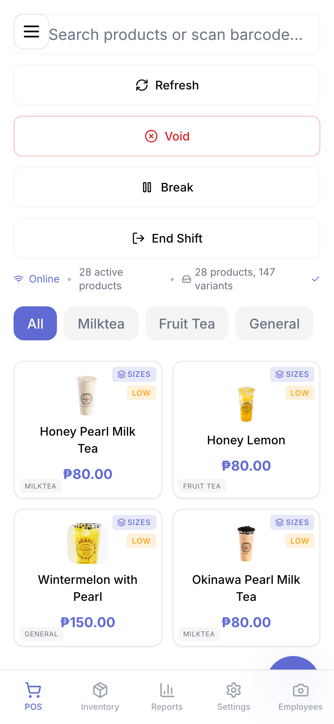 UltraPOS main screen showing the product catalog and bottom navigation